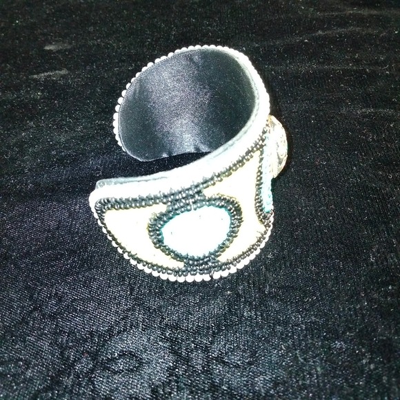 Iris Apfel & Bajalia Beaded Turquoise Yellow & Black Embellished Cuff Bracelet - Picture 10 of 11